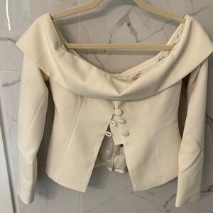 Meshki Off-Shoulder Cream Button Front Blouse - “Celene off shoulder jacket”